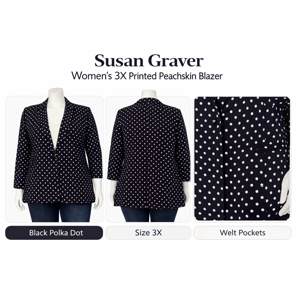 Susan Graver Womens 3X Printed Peachskin Blazer Black Polka Dot‎ A231970 NWT